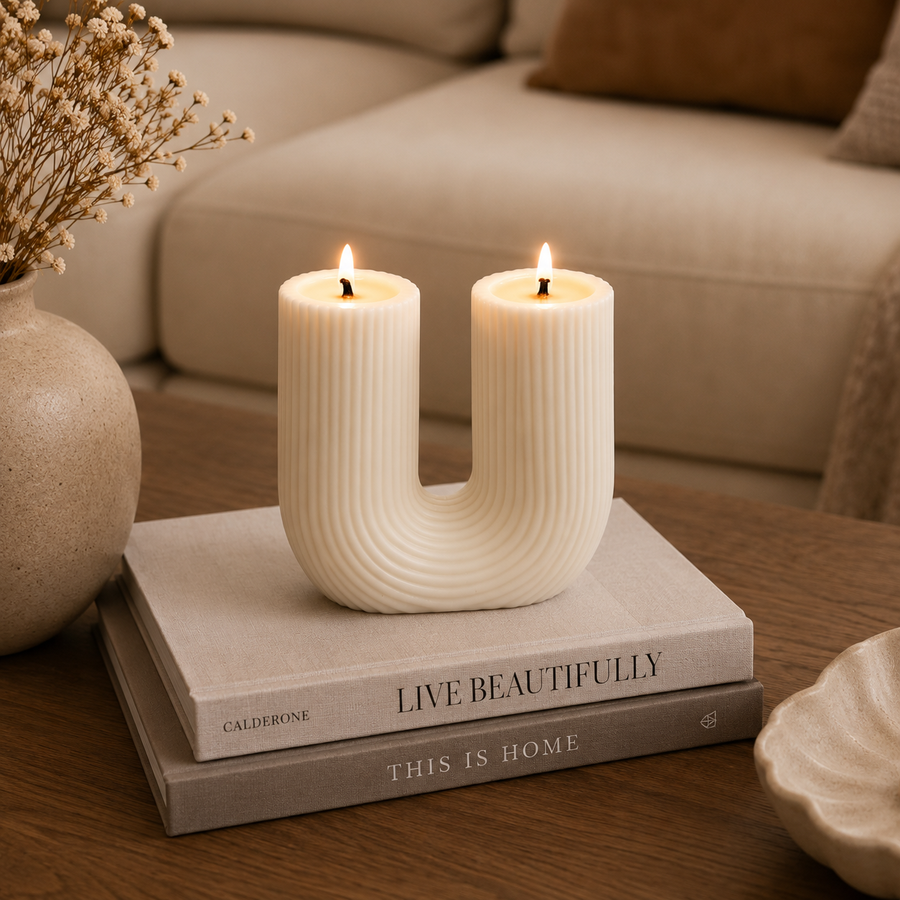 A U-shaped ribbed candle holder with two lit candles, styled on a stack of books on a wooden table in a cozy living room setting.
شمعة قوس مزدوجة كريمي بتصميم مخطط وفتيلين، مناسبة لديكور الكونسول والأرفف وتنسيقات المنزل المودرن.