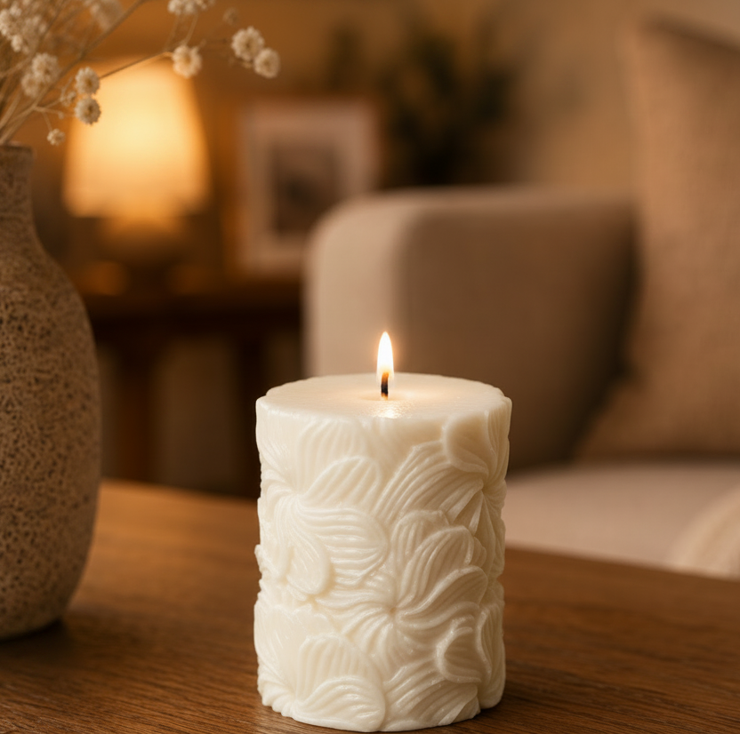 A lit cream-colored pillar candle with embossed floral patterns sits on a wooden table in a cozy, warmly lit living room setting.
شمعة ديكور كريمي أسطوانية مزينة بتفاصيل أوراق شجر بارزة، مناسبة للكونسول وطاولة القهوة وديكور المنزل المودرن.