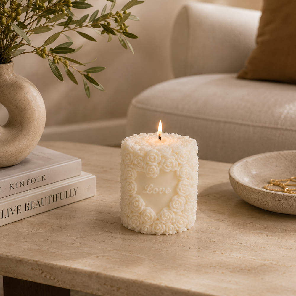 A lit cream-colored candle with a textured rose pattern and the word 'Love' embossed on the front, styled on a stone table in a cozy living room setting.
شمعة ديكور كريمي مزينة بالورود البارزة ثلاثية الأبعاد وكلمة Love في المنتصف، بتصميم رومانسي أنيق للمنزل والهدايا.