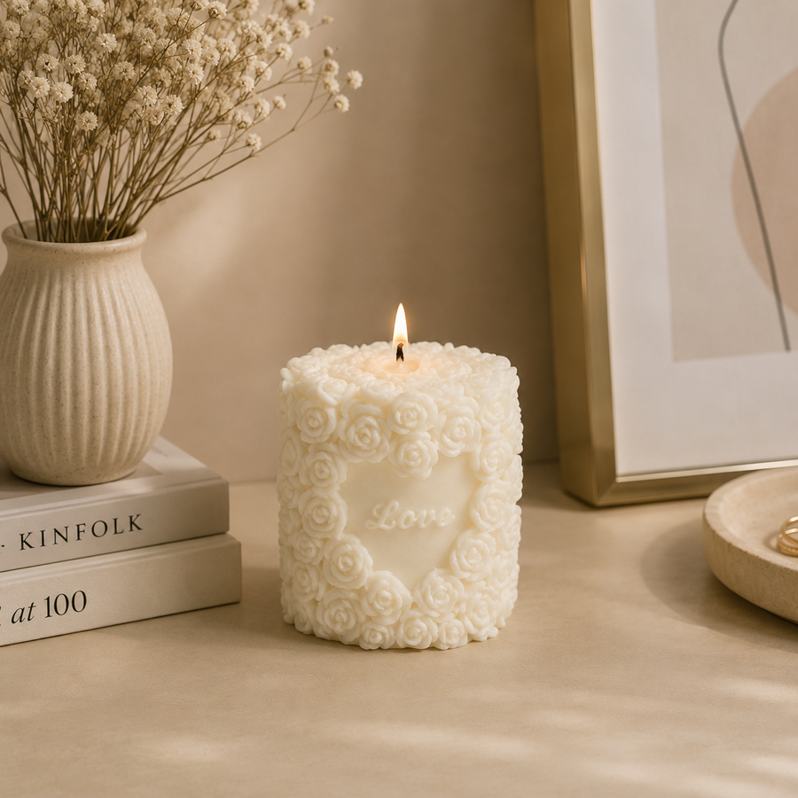 A white candle with a textured rose pattern and a heart-shaped center embossed with the word 'Love', lit and set on a beige tabletop next to a ceramic vase with dried flowers and stacked books.
شمعة ديكور كريمي مزينة بالورود البارزة ثلاثية الأبعاد وكلمة Love في المنتصف، بتصميم رومانسي أنيق للمنزل والهدايا.