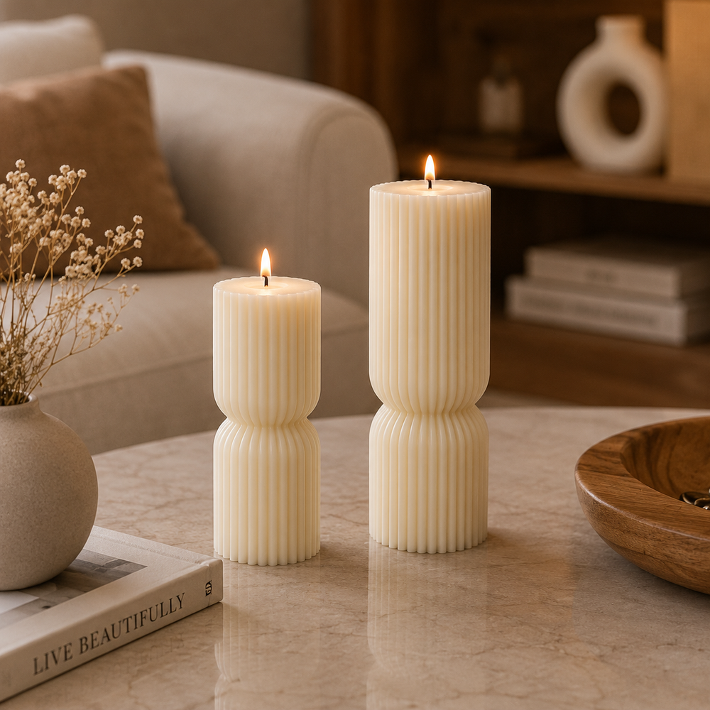 Two ribbed cream pillar candles with lit flames, styled on a marble table in a cozy living room setting.
طقم شموع ديكور مودرن كريمي مكون من شمعتين مخططتين بأحجام مختلفة وتصميم هندسي أنيق للكونسول والأرفف.