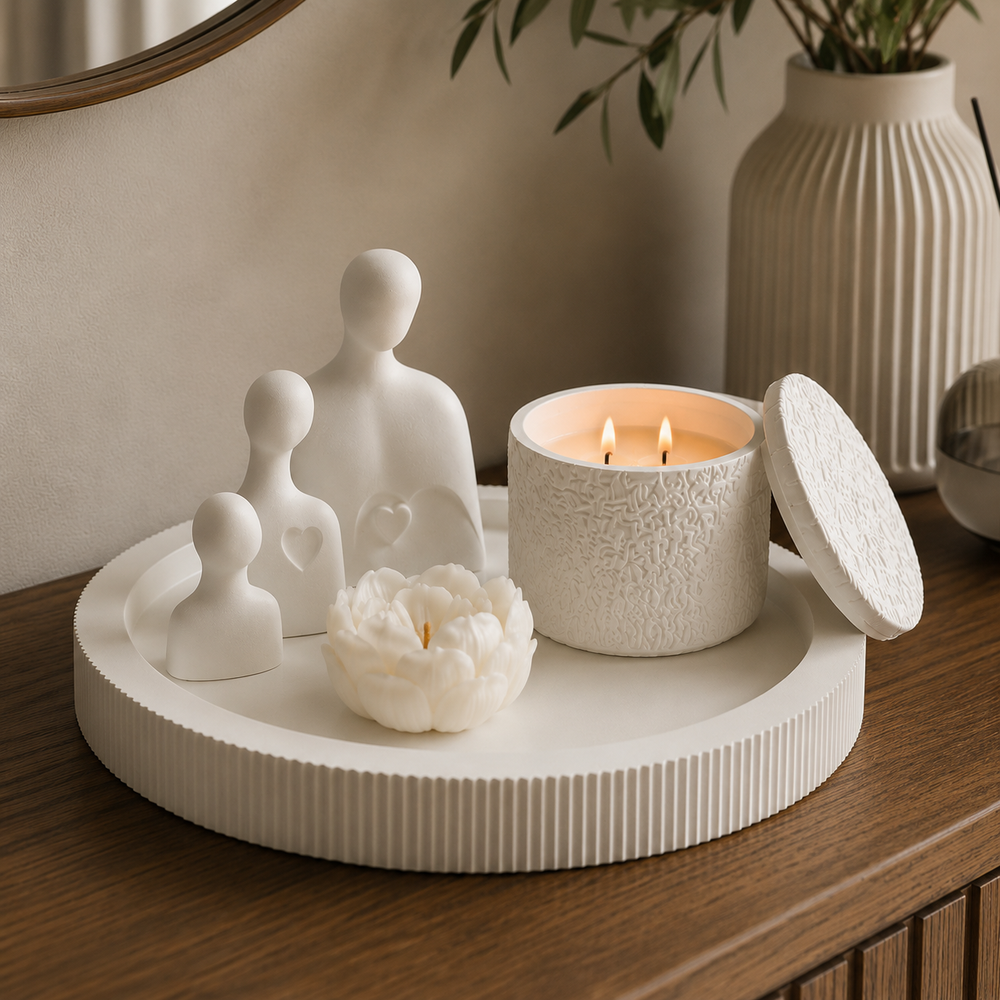 Elevate your home with this elegant 5-piece décor set featuring a 250g double-wick scented candle, flower-shaped soy wax candle, minimalist family figurines, and a decorative tray. Perfect for coffee tables, consoles, shelves, and modern interiors.