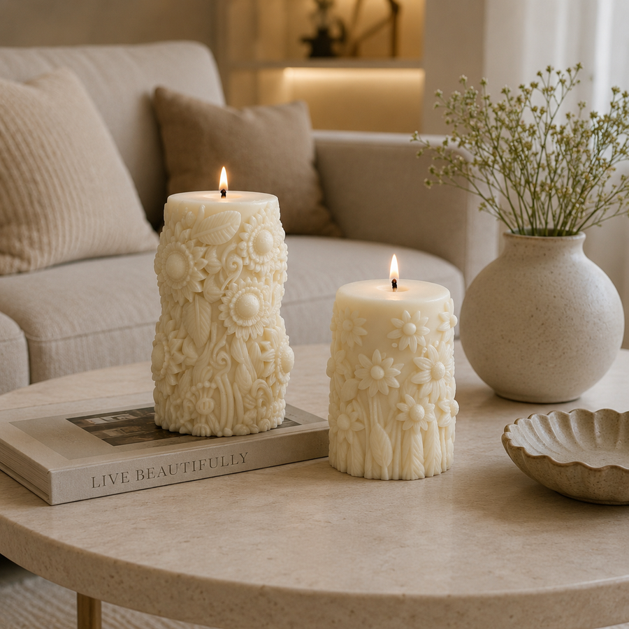 Two cream-colored, intricately embossed floral pillar candles are lit on a round stone coffee table in a cozy living room setting. One larger candle stands on a book, and a smaller matching candle sits beside it, with a textured ceramic vase of baby's breath and a scalloped dish on the table.
طقم شمعتين كريمي بتصميم زهور بارزة ثلاثية الأبعاد بأحجام مختلفة، مناسب لديكور الكونسول والأرفف وطاولة القهوة.