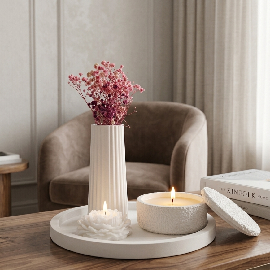 A refined decorative set that brings balance and serenity to any space. The set includes a textured scented candle paired with a slim sculptural vase holding dried florals with a flower candle, all arranged on a minimalist tray. A set that releases a warm, comforting aroma. Designed to elevate everyday moments and add a soft, elegant touch to your home.