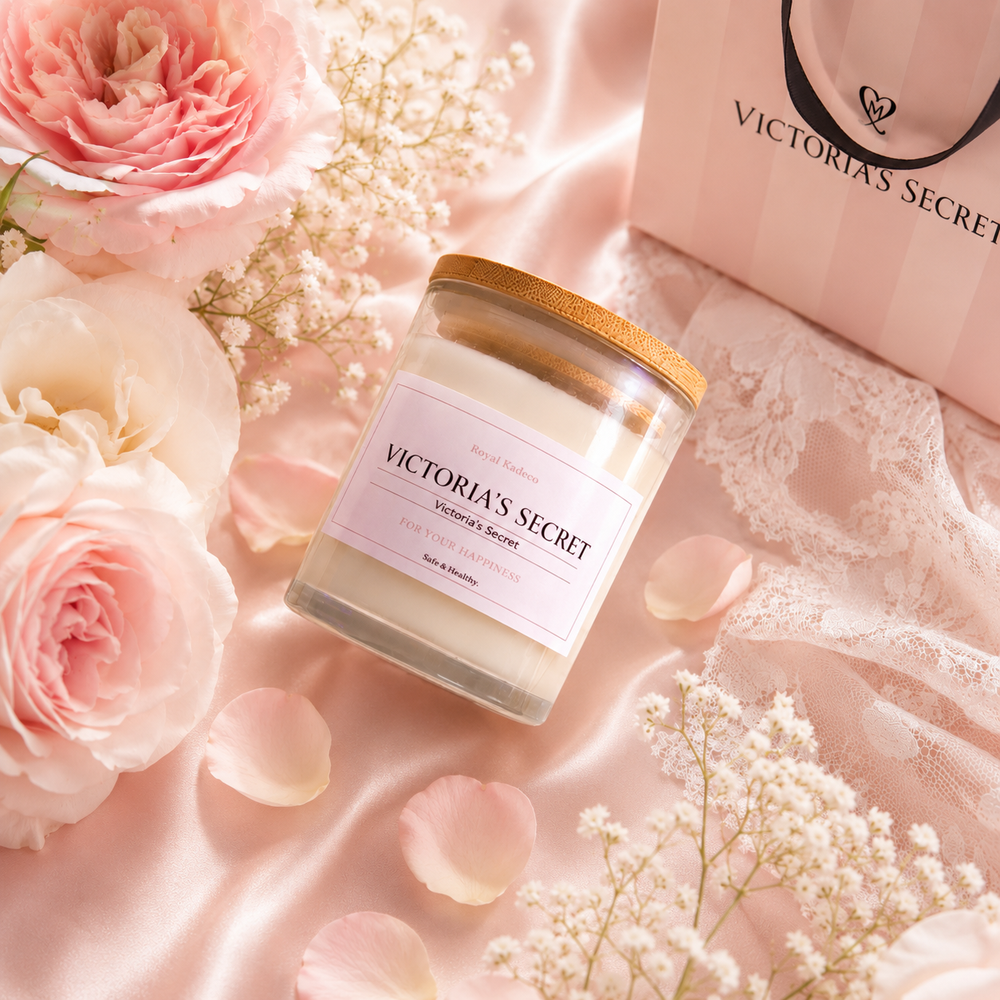 Victoria's Secret candle on a pink fabric background with flowers
شمعة فيكتوريا سيكريت المعطرة من شمع الصويا داخل عبوة زجاجية بغطاء خشبي، منسقة وسط ورود وردية على خلفية ساتان أنيقة.