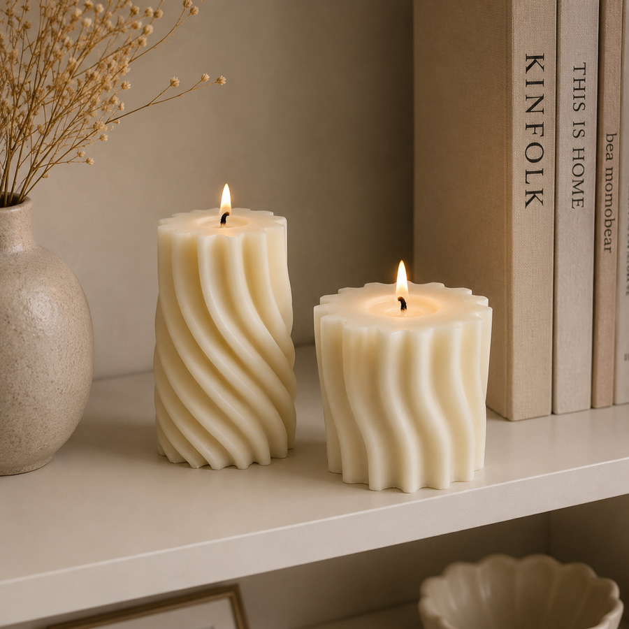 Two cream-colored ribbed pillar candles with lit flames, styled on a white shelf next to a ceramic vase with dried flowers and a row of neutral-colored books.
طقم شمعتين كريمي بتصميم ويف انسيابي بأحجام مختلفة، مناسب لديكور طاولة القهوة والكونسول والأرفف المنزلية المودرن.