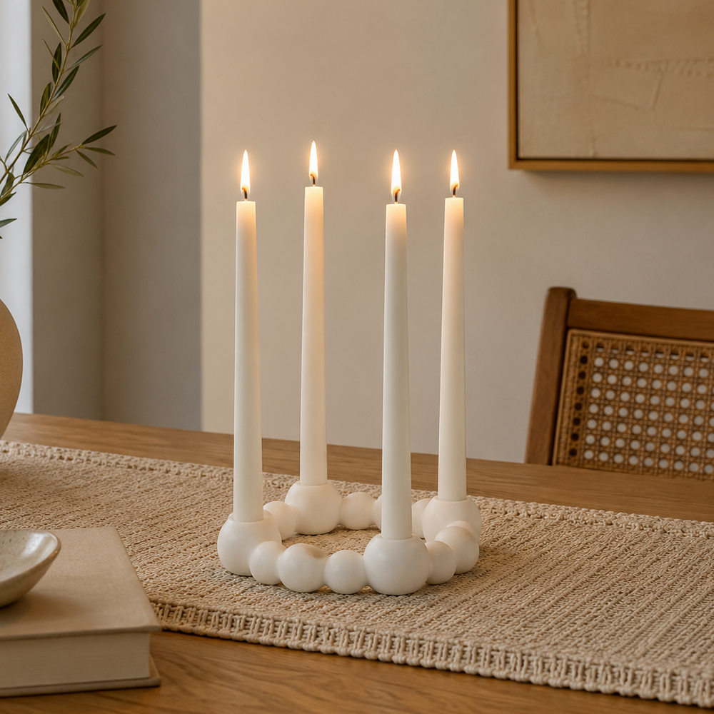 White round candlestick holder set with four matching white taper candles, styled on a woven table runner in a modern dining room for elegant home décor.